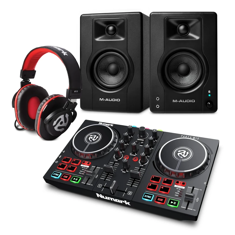 Numark Party Mix II DJ Controller and M-AUDIO BX4 Pair Bluetooth Studio Monitors with Headphones for Studio Recording, Music Production, Podcasting, Streaming
