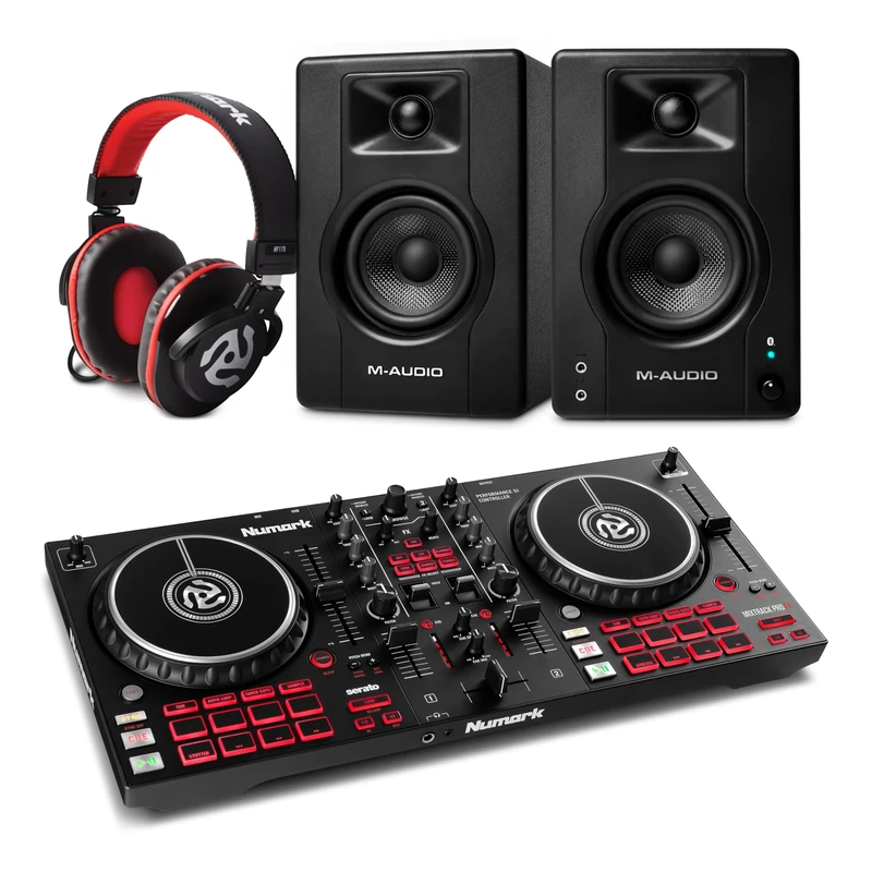 Numark Mixtrack Pro FX DJ Controller and M-AUDIO BX4 Pair Bluetooth Studio Monitors with Headphones for Studio Recording, Music Production, Podcasting, Streaming