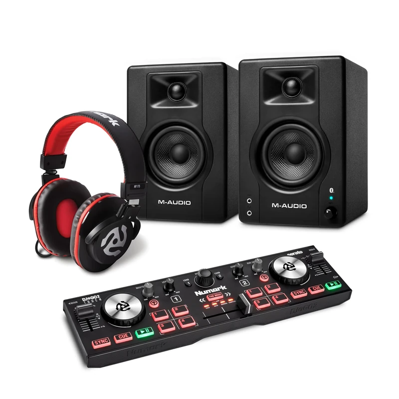 Numark DJ2GO2 Touch DJ Controller and M-AUDIO BX4 Pair Bluetooth Studio Monitors with Headphones for Studio Recording, Music Production, Podcasting, Streaming