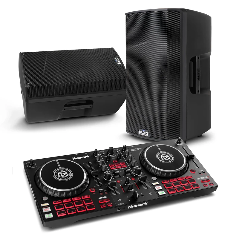 Numark Mixtrack Pro FX DJ Controller and ALTO TX412 Powered PA Speakers Pair for Live Music, DJ sets, Events, Music production