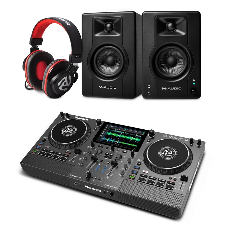 Numark Mixstream Pro Go DJ Controller and M-AUDIO BX4 Pair Bluetooth Studio Monitors with Headphones for Studio Recording, Music Production, Podcasting, Streaming