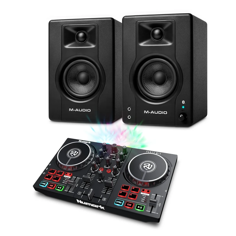 Numark Party Mix II DJ Controller and M-AUDIO BX4 Pair Bluetooth Studio Monitors for Studio Recording, Music Production, Podcasting, Streaming