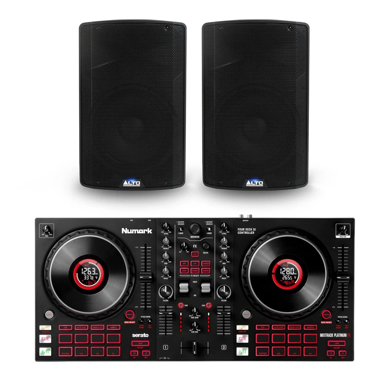 Numark Mixtrack Platinum FX DJ Controller and ALTO TX412 Powered PA Speakers Pair for Live Music, DJ sets, Events, Music production