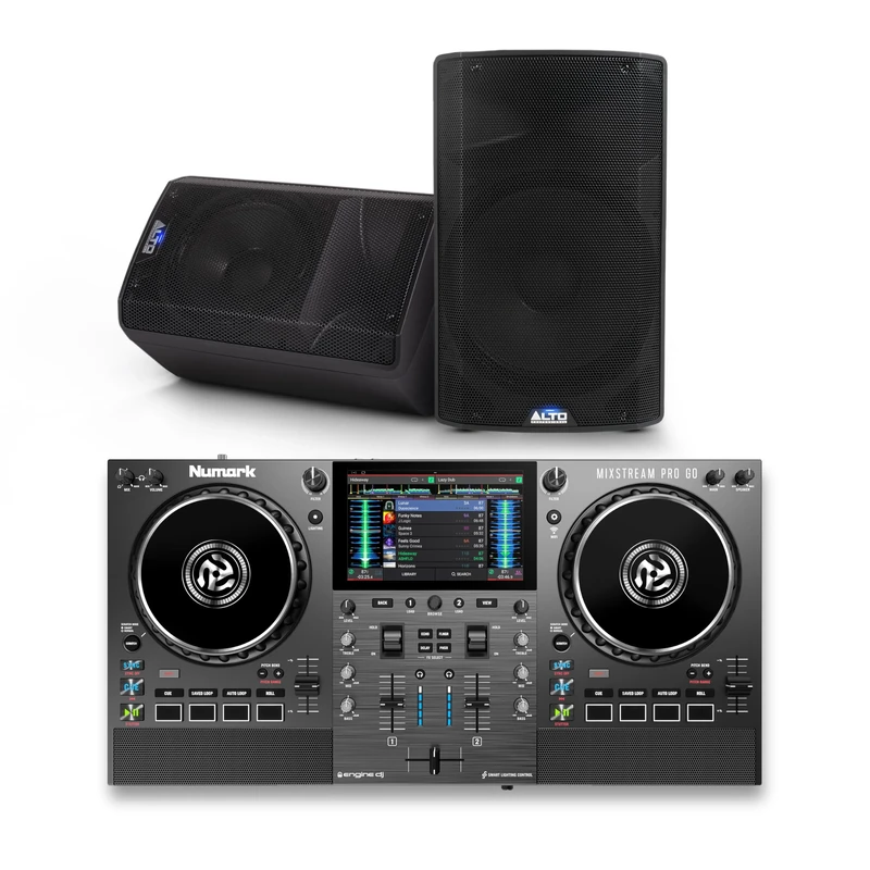 Numark Mixstream Pro Go DJ Controller and ALTO TX410 Powered PA Speakers Pair for Live Music, DJ sets, Events, Music production