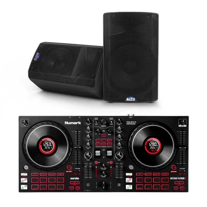 Numark Mixtrack Platinum FX DJ Controller and ALTO TX410 Powered PA Speakers Pair for Live Music, DJ sets, Events, Music production