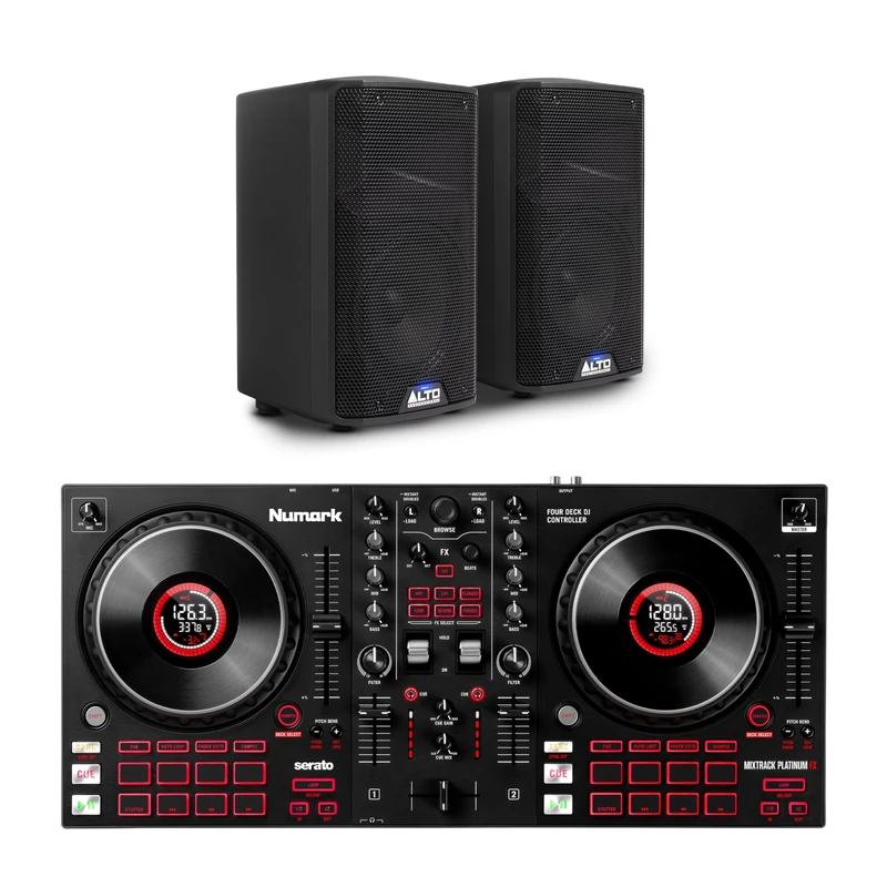 Numark Mixtrack Platinum FX DJ Controller and ALTO TX408 Powered PA Speakers Pair for Live Music, DJ sets, Events, Music production