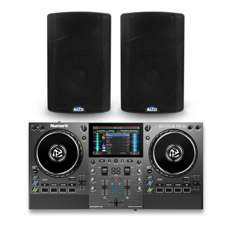 Numark Mixstream Pro Go DJ Controller and ALTO TX412 Powered PA Speakers Pair for Live Music, DJ sets, Events, Music production