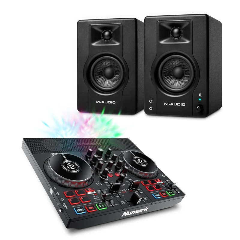 Numark Party Mix Live DJ Controller and M-AUDIO BX4 Pair Bluetooth Studio Monitors for Studio Recording, Music Production, Podcasting, Streaming