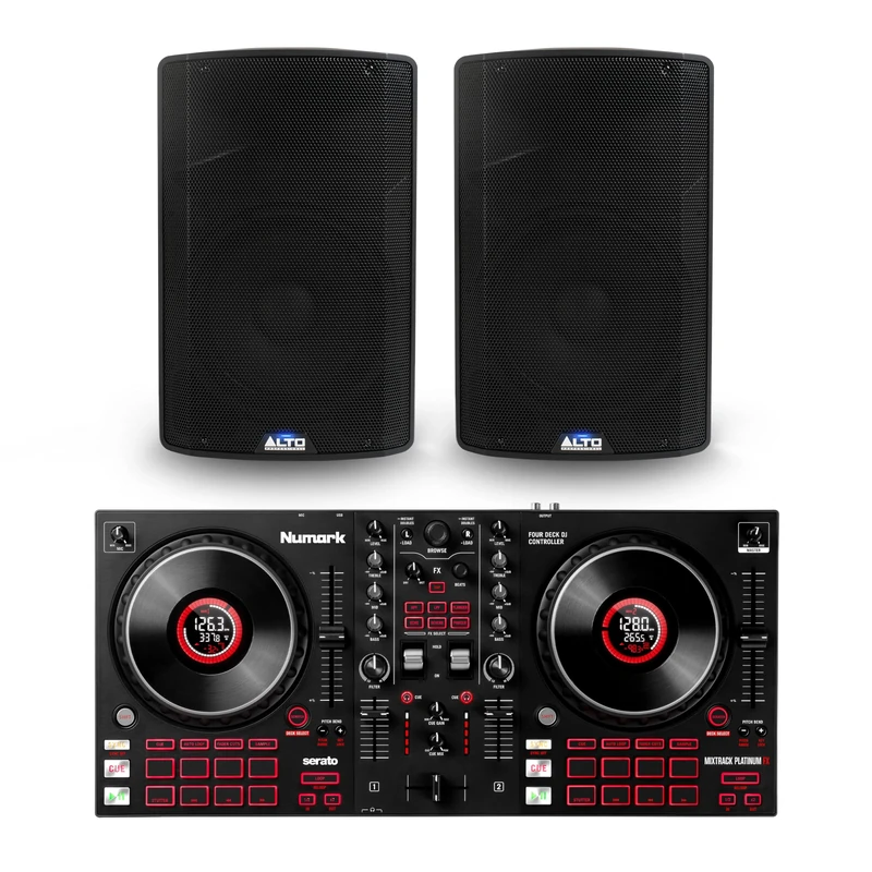 Numark Mixtrack Platinum FX DJ Controller and ALTO TX415 Powered PA Speakers Pair for Live Music, DJ sets, Events, Music production