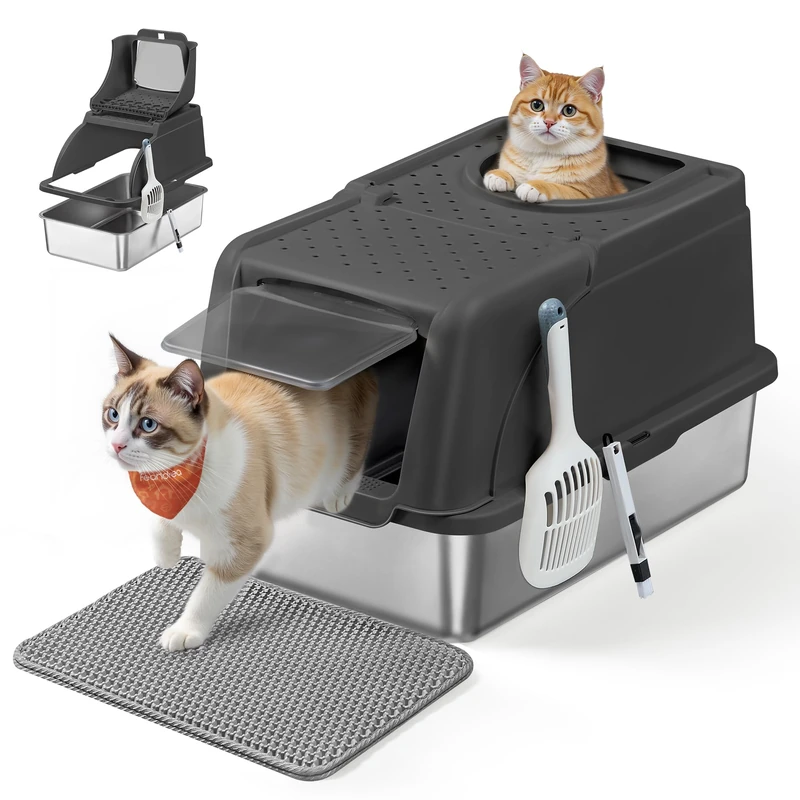 Feandrea Stainless Steel Cat Litter Box with Flip Lid, XL Litter Box with Leak-Proof Design, Scoop, Brush, Dual Entry, for Cats up to 15 kg, Ink Black PPT005BH01