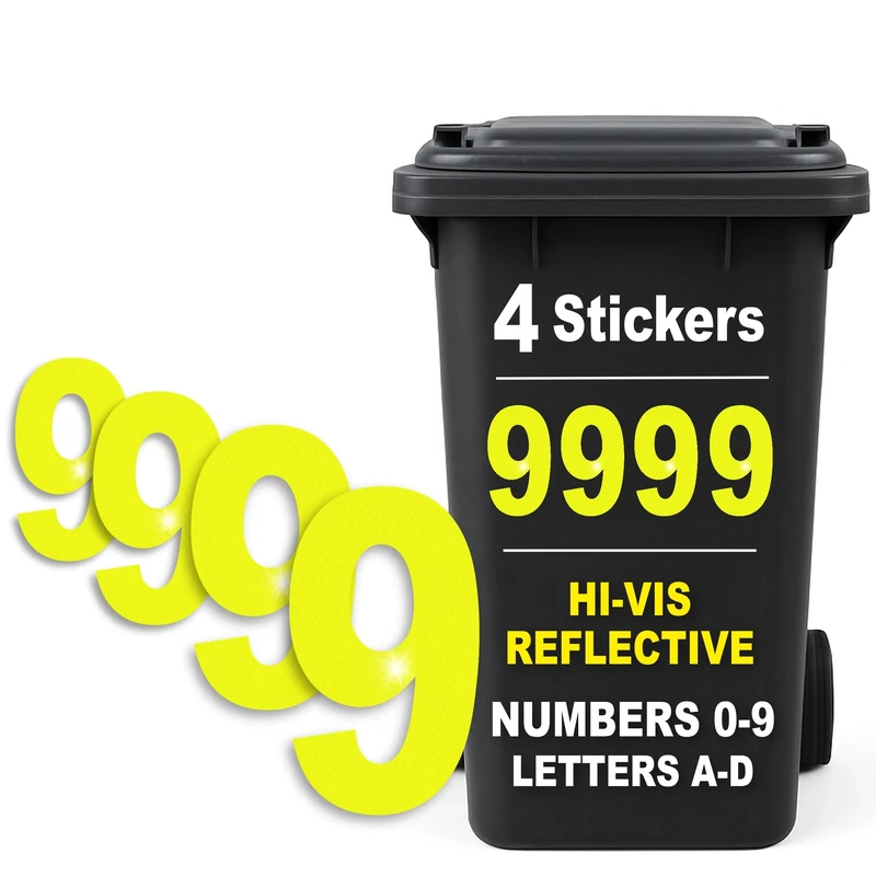 Rubigo 4PK Hi-Vis Wheelie Bin Numbers - Yellow Reflective 0-9 & A-D