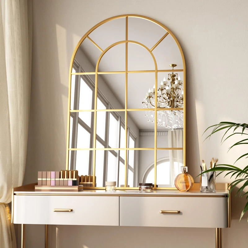 Koonmi 90x60cm, Arched Wall Mirror, Bathroom Mirror with Grid, Tempered Glass Explosion-Proof Decorative Mirror, Suitable for Window Decoration, Bedroom, Entryway and Various Styles, Gold