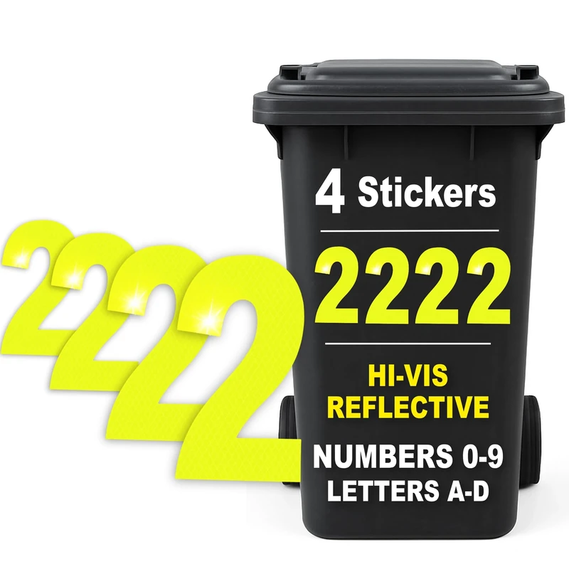 Rubigo 4PK Hi Vis Bin Numbers for Wheelie Bins – 0-9, Letters A-D, 17cm Reflective Dustbin Stickers – Easy Application Neon Yellow Stick On Number Stickers - Weatherproof Self Adhesive Vinyl (2)