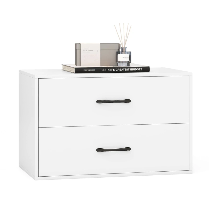 FANTASK Chest of Drawers with 2 Drawers, 60 x 34 x 38 cm, Stackable Wooden Chest of Drawers for Living Room, Office, Bedroom (White)