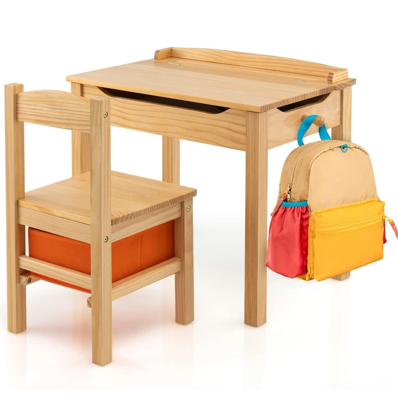 FANTASK Children's Desk with Solid Wood Chair, Hinged Children's Seating Set with Folding Table Top, Drawer & Hook, Activity Table, Children's Seating Set for Children from 3 Years (Natural)