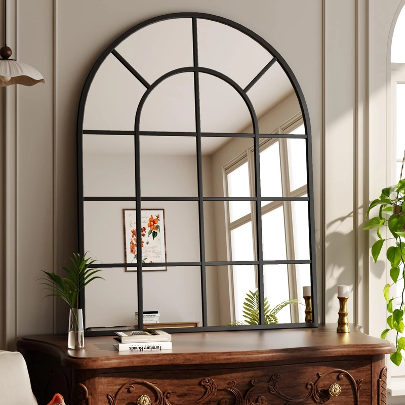 Koonmi 100x75cm, Arched Wall Mirror, Bathroom Mirror with Grid, Tempered Glass Explosion-Proof Decorative Mirror, Suitable for Window Decoration, Bedroom, Entryway and Various Styles, Black