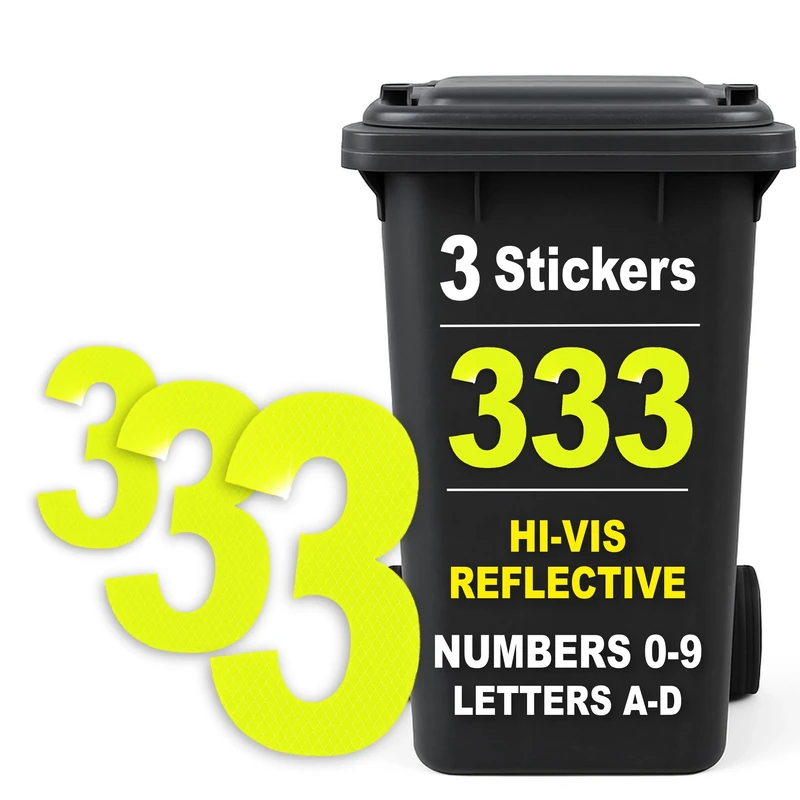 Rubigo 3PK Hi Vis Bin Numbers for Wheelie Bins – 0-9, Letters A-D, 17cm Reflective Dustbin Stickers – Easy Application Neon Yellow Stick On Number Stickers - Weatherproof Self Adhesive Vinyl (3)