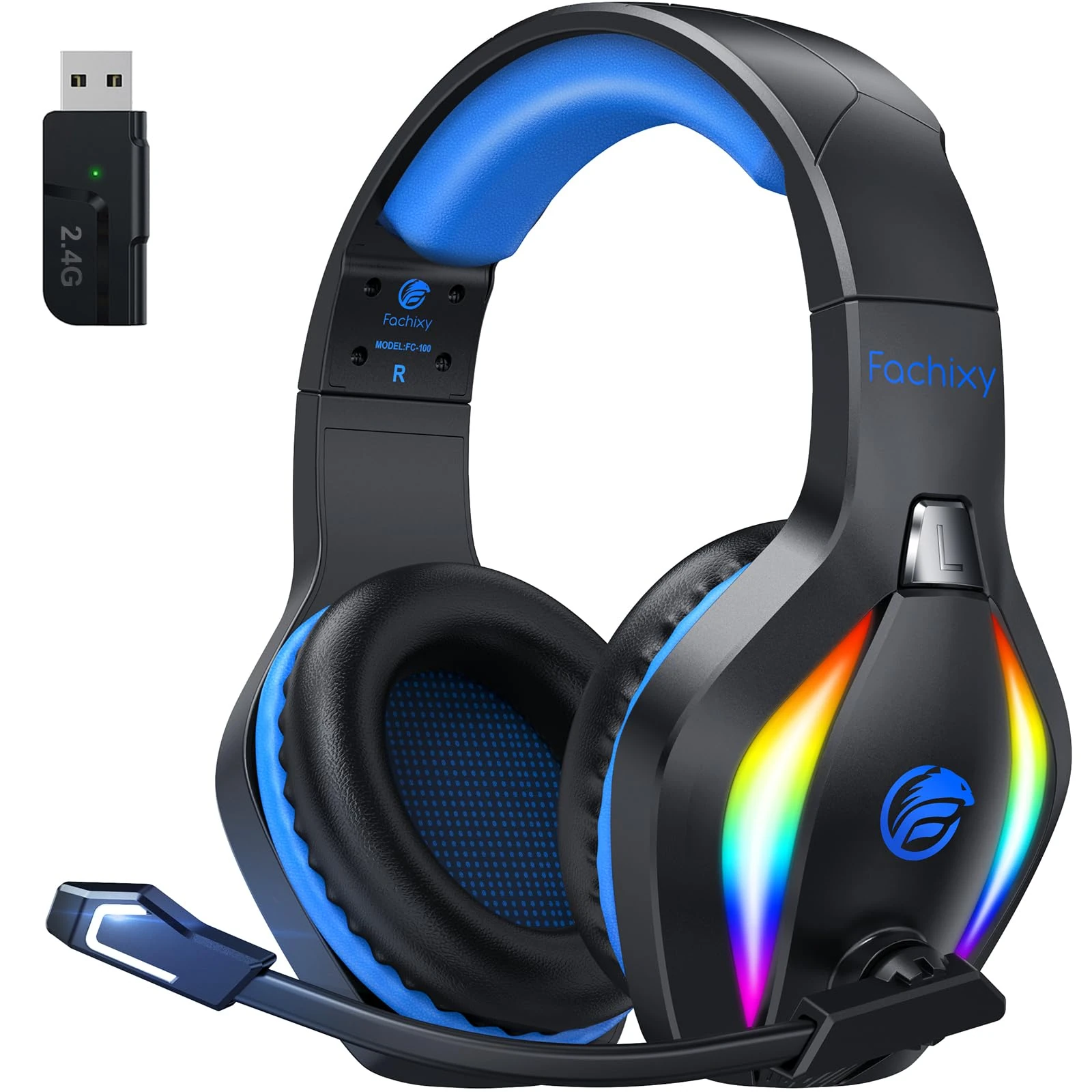 Fachixy FC100 Wireless Gaming Headset With Mic - 2.4GHz & Bluetooth Headphones, 3D Stereo Sound & 50Hrs Battery Life, For PS5, PS4, Mac, PC, Tablets, Blue