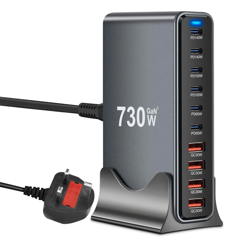 730W USB C Charging Station Hub 10‑Port GaN III PD140W, 100W, 65W, 30W Multiport USB Fast Charger Block (6 USB‑C & 4 USB‑A) USBC Laptop Charger Compatible with MacBook, iPh0ne, i-Pad, Galaxy S24/S23