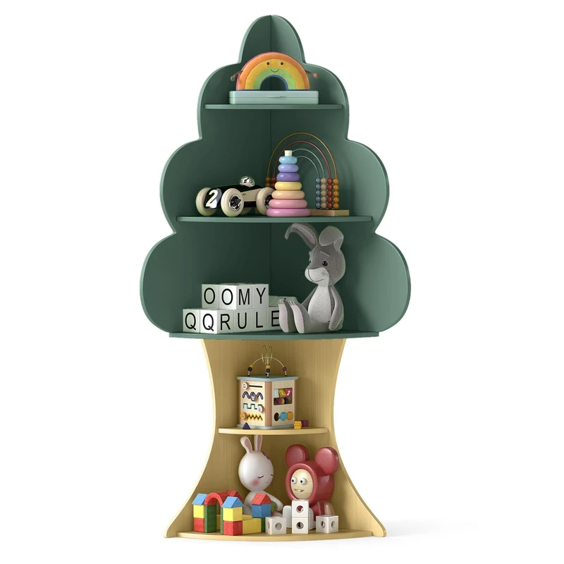FANTASK Children's Corner Bookcase, Tree Shaped Bookcase, 5 Tiers Children's Book Shelf, Wooden Toy Shelf for Children's Room, Playroom, 48 x 48 x 132 cm (Green) - Image 1