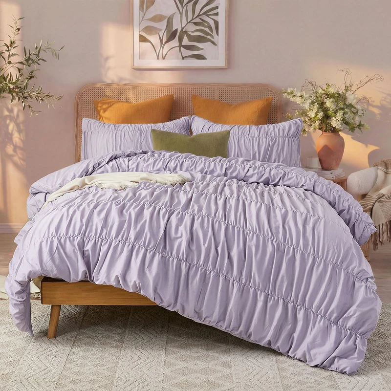Bedbay Boho Ruched Comforter Set Queen Size Bed,100% Cotton Purple Ruched Bedding Set,Soft Durable Fluffy Comforter for Bedroom,3 Pcs Vintage Ruffle Bedding Aesthetic Room Decor for Girls Teen