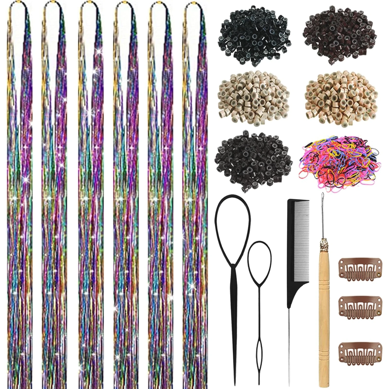 Rainbow Colors Hair Tinsel Kit for Girls 1800 Strands Glitter Hair Tinsel Heat Resistant Colored Christmas Party Festival