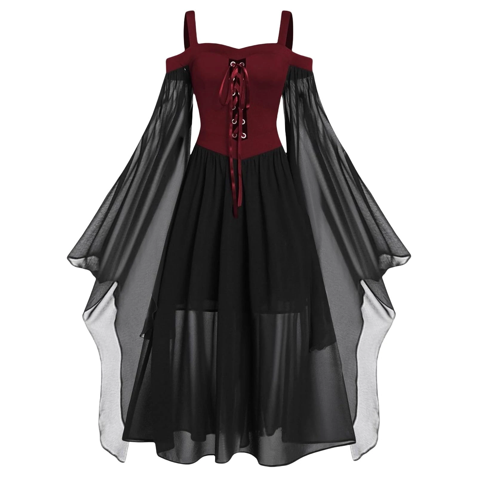 Nuoke Dresses for Women UK Halloween Costumes Women's Butterfly Sleeve Sexy Lace Gothic Medieval Dresses Dark Gray