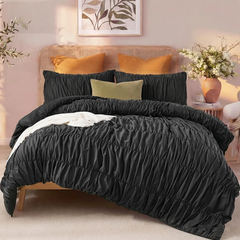Bedbay Ruched Comforter Set King Size Bed,100% Cotton Boho Bedding Set,Black Cinched Fluffy Comforter for Bedroom,3 Pcs Vintage Ruffle Bedding Aesthetic Room Decor for All Seasons