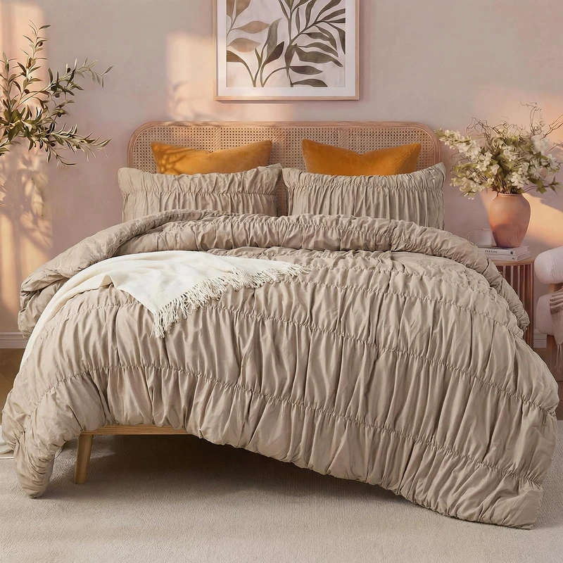 Bedbay Boho Comforter Set King Size,Shabby Chic Ruched Bedding,100% Cotton Durable Fluffy Comforter 3 Pcs,Vintage Ruffle Taupe Bedding King Size Bed Set with 1 Comforter 2 Pillowcases
