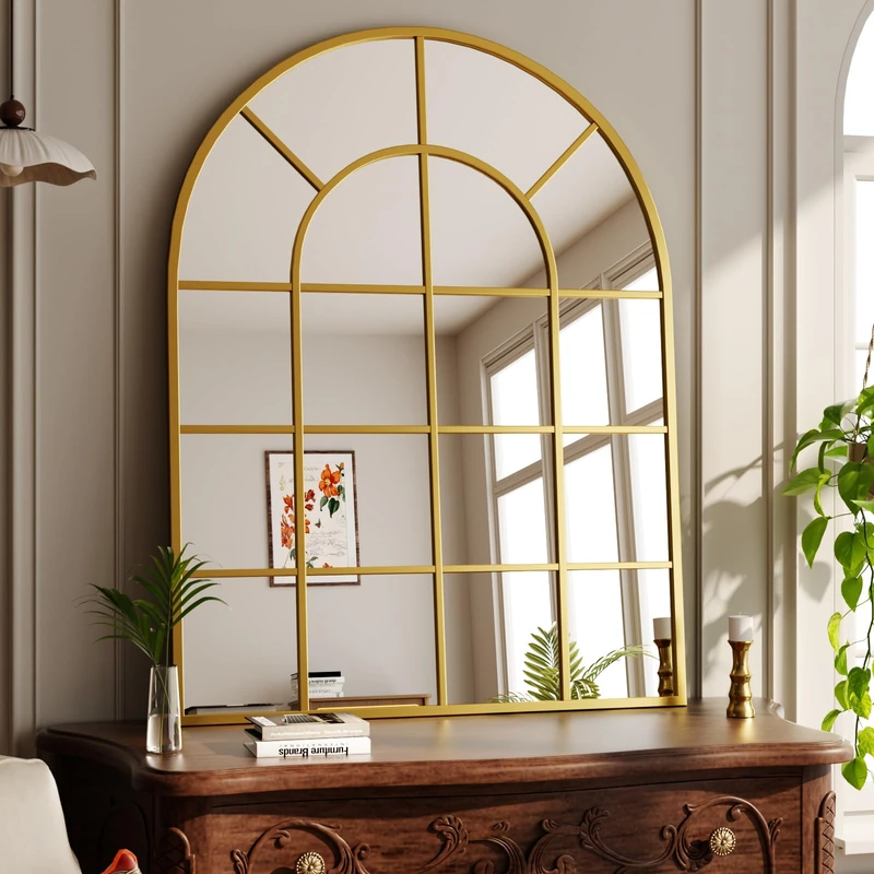 Koonmi 100x75cm, Arched Wall Mirror, Bathroom Mirror with Grid, Tempered Glass Explosion-Proof Decorative Mirror, Suitable for Window Decoration, Bedroom, Entryway and Various Styles, Gold