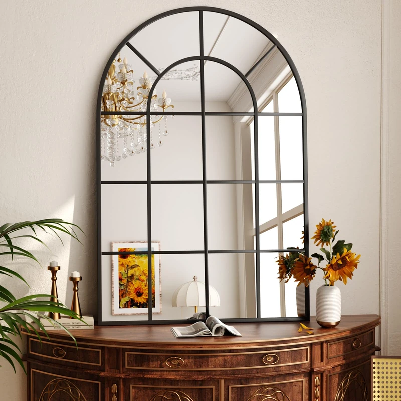 Koonmi 75x50cm, Arched Wall Mirror, Bathroom Mirror with Grid, Tempered Glass Explosion-Proof Decorative Mirror, Suitable for Window Decoration, Bedroom, Entryway and Various Styles, Black