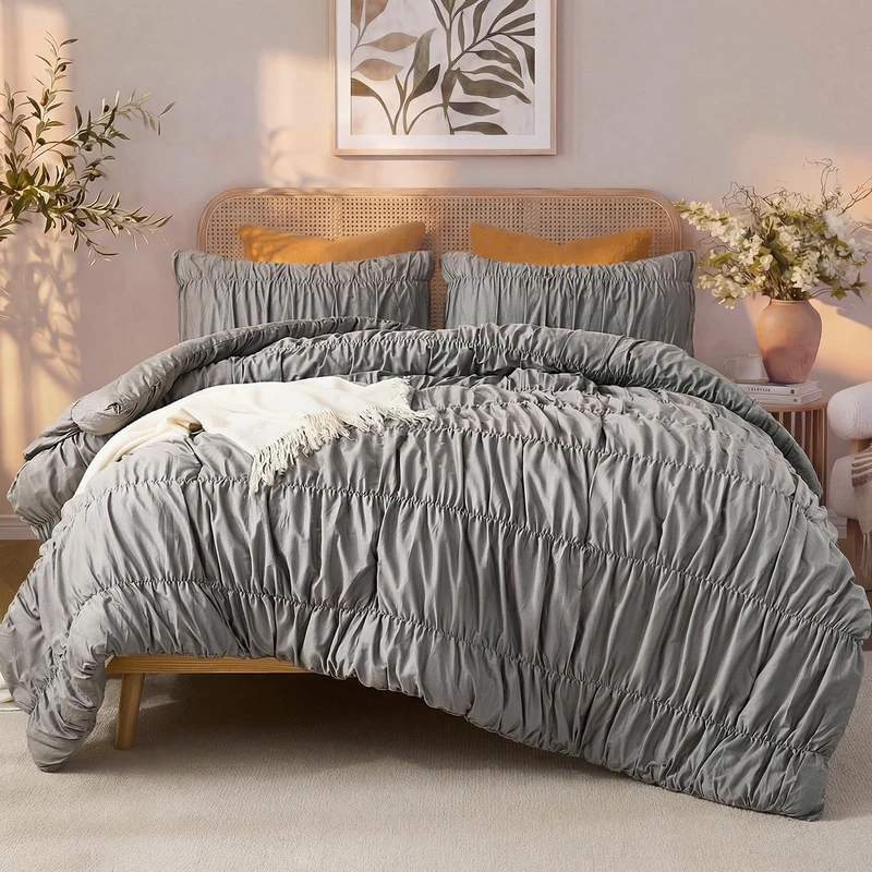 Bedbay Grey Ruched Queen Comforter Set,Breathable Cotton Boho Comforter Aesthetic,Shabby Chic Ruffle Bedding Vintage Farmhouse Quilt Set,Soft Durable 3 Pcs Fluffy Bedroom Comforter