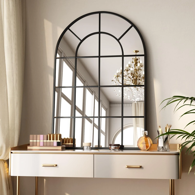 Koonmi 90x60cm, Arched Wall Mirror, Bathroom Mirror with Grid, Tempered Glass Explosion-Proof Decorative Mirror, Suitable for Window Decoration, Bedroom, Entryway and Various Styles, Black