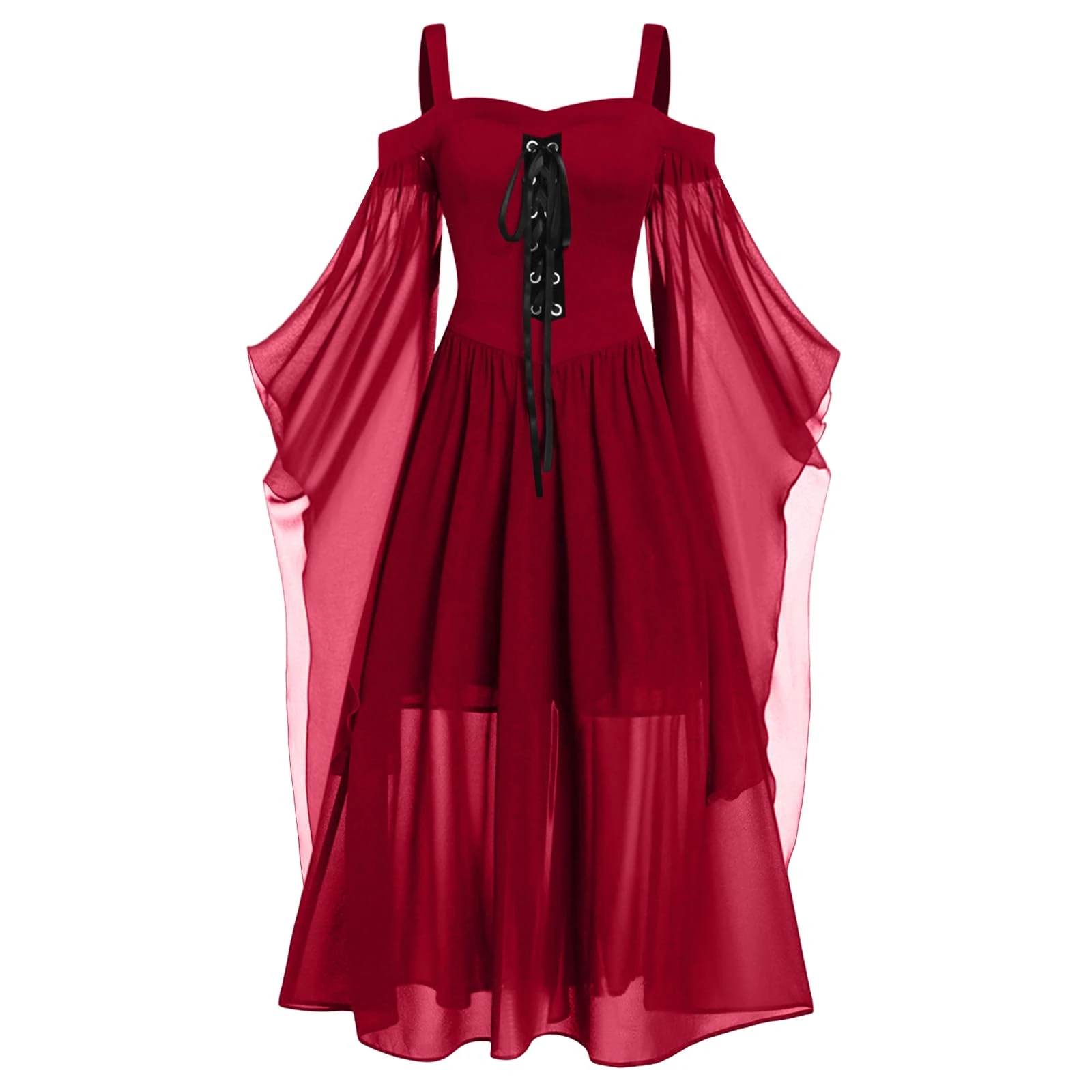 Nuoke Halloween Costumes for Women Halloween Costumes Women's Butterfly Sleeve Sexy Lace Gothic Medieval Dresses Brick Red