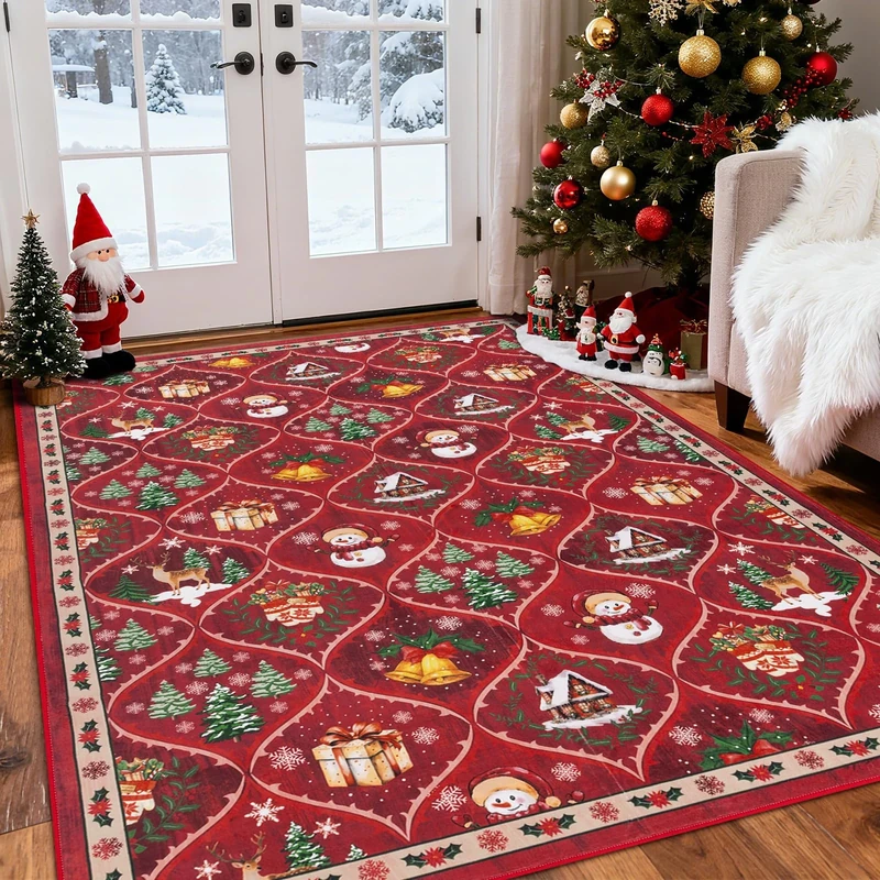 Enyhom Christmas Rugs for Living Room, 160 x 230 cm Large Snowman Elk Rug Machine Washable Non Slip Area Rug Soft Short Pile Floor Carpet for Bedroom Dining Room Office, Red
