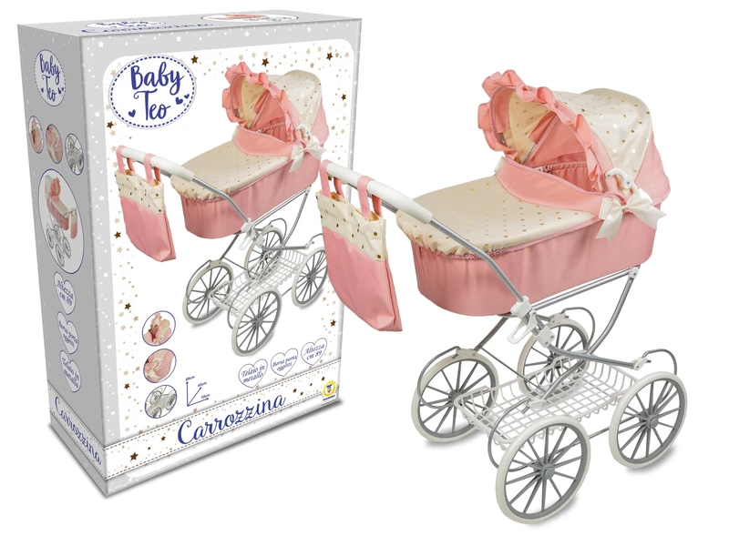 Teorema Giocattoli Lightweight and Foldable Doll's Pram, Doll's Pram with Adjustable Hood, Storage Basket, Metal Frame, Pram Toy for Girls, Reversible, Pink