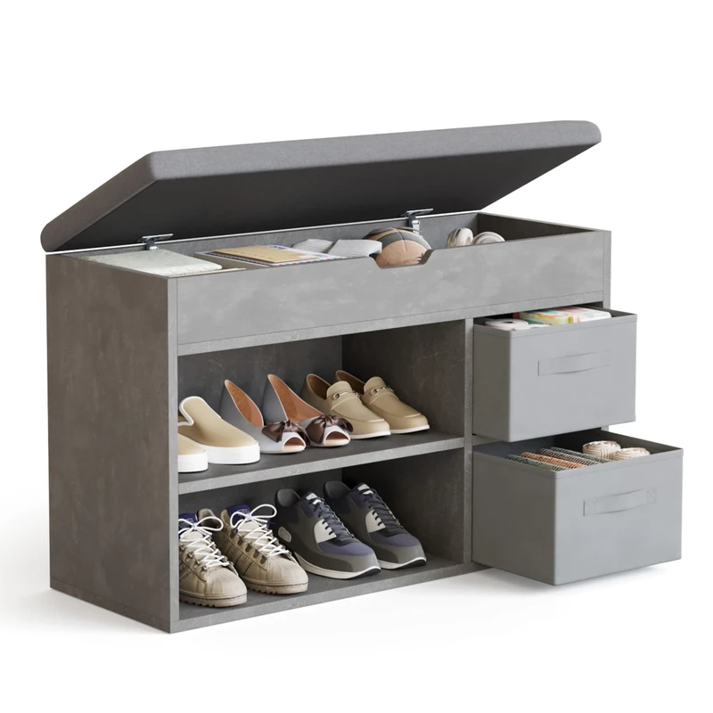 Mondeer Shoe Bench with Seat, Shoes Storage Rack Wooden with Fabric Drawer and Hinged Flip Top Cushion for Living Room Hallway Cloakroom Entryway, 80 x 48 x 30 cm (Grey)