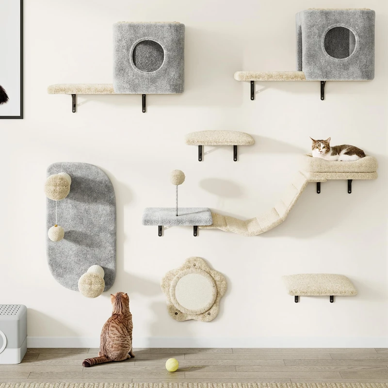 YITAHOME 8 Pcs Sturdy Cat Climbing Wall Set Made of Flannel, Cat Furniture with House, Bed, Scratching Board, Hanging Bridge, and Sisal Column for Cats Sleeping and Playing Lounging