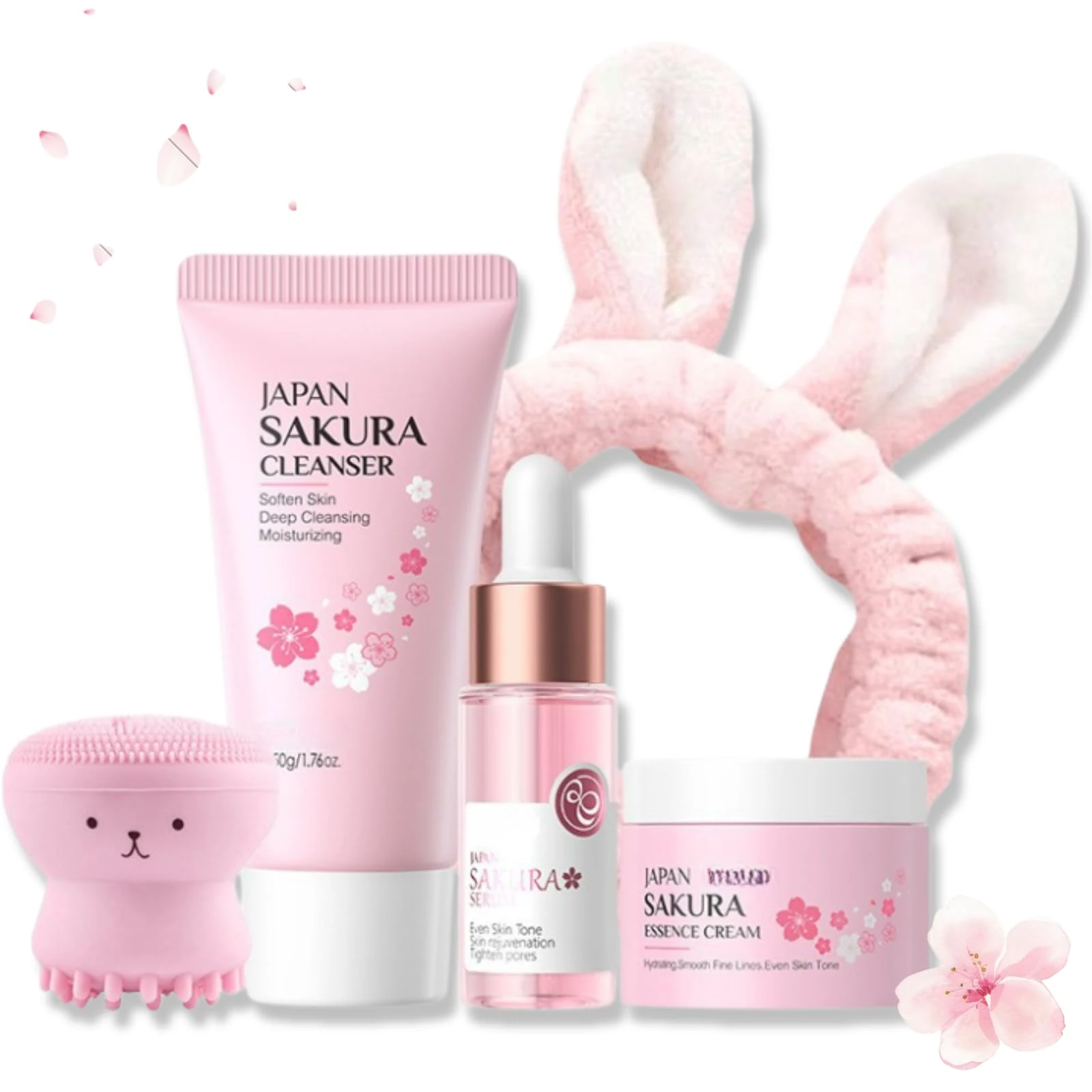 Sakura Skincare Set, Skincare Set Sakura Teen Girls Gifts, Skincare for Teens 10-12, Gift Set for Teenage Girls, hydrating routine with cleanser, serum, cream, headband, cleansing brush