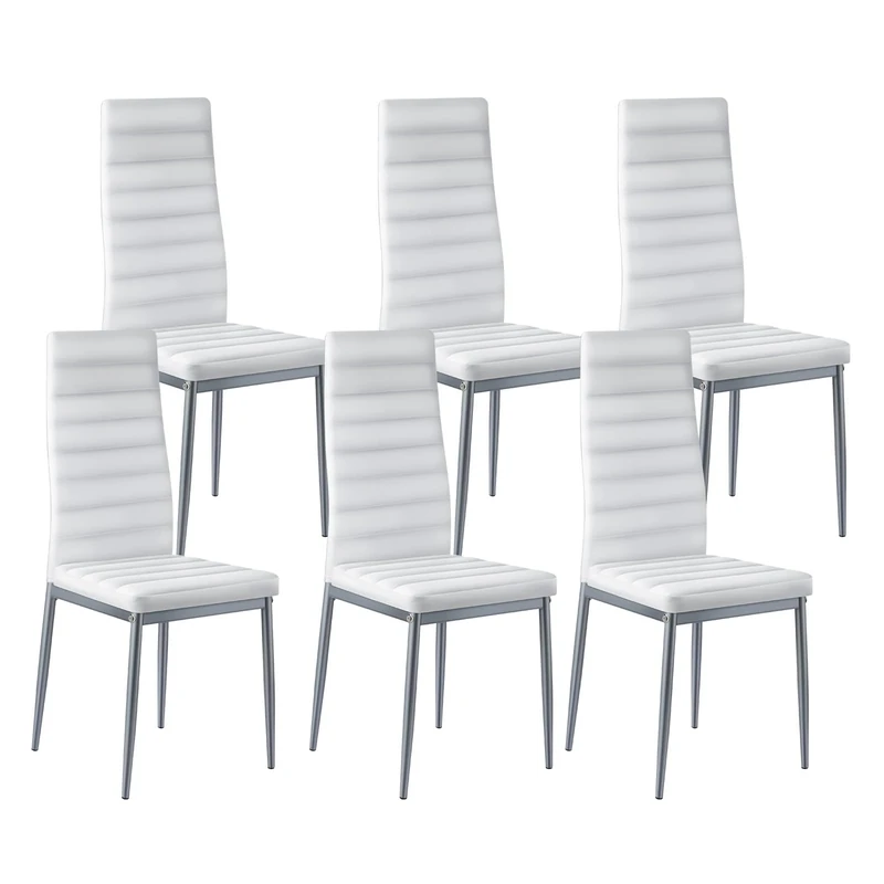 VEVOR Modern Dining Room Accent Chairs Set of 6, Upholstered Leather Side Chair for Dining Tables, Space-Saving Kitchen Table Chair with Thick Cushions and Metal Legs, White