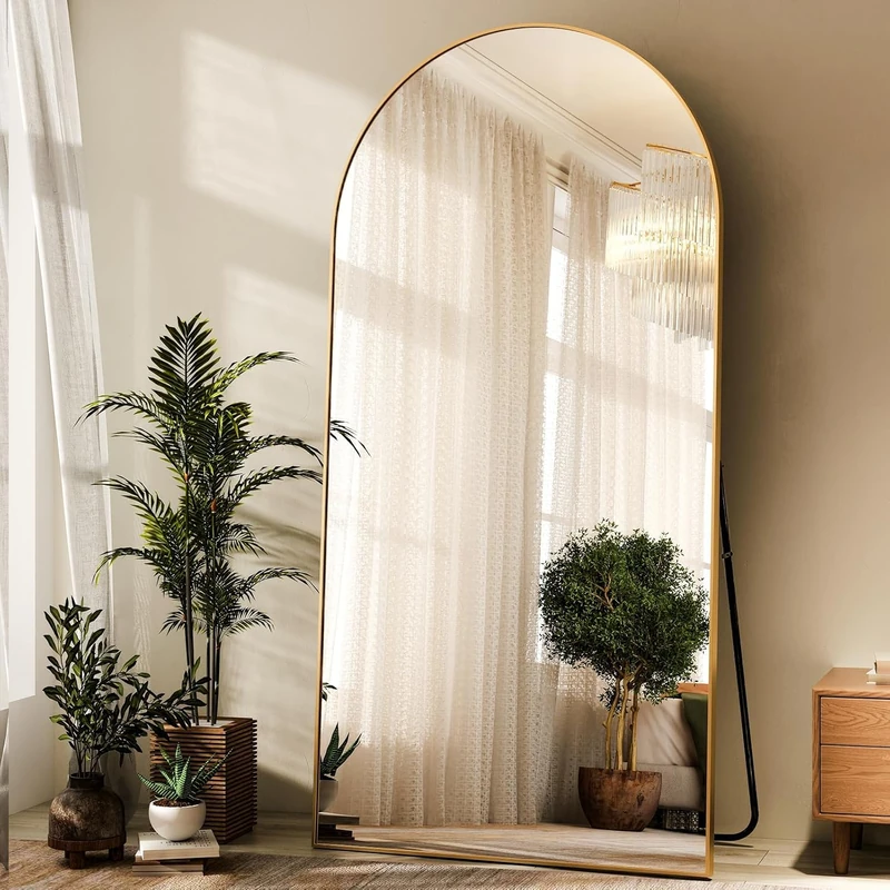 Koonmi Arched Full Length Mirror, Right Angle Design, Large Size 171×76cm, Full Length Mirror with Stand, Made of Tempered Glass Suitable for Bedroom, Entryway, Living Room, Gold