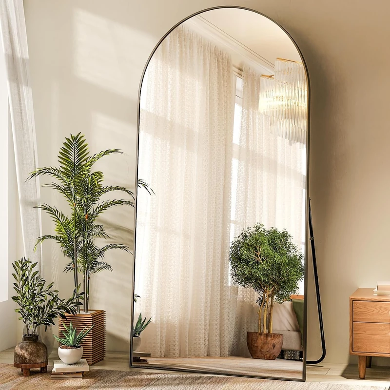 Koonmi Arched Full Length Mirror, Right Angle Design, Large Size 171×76cm, Full Length Mirror with Stand, Made of Tempered Glass Suitable for Bedroom, Entryway, Living Room, Black