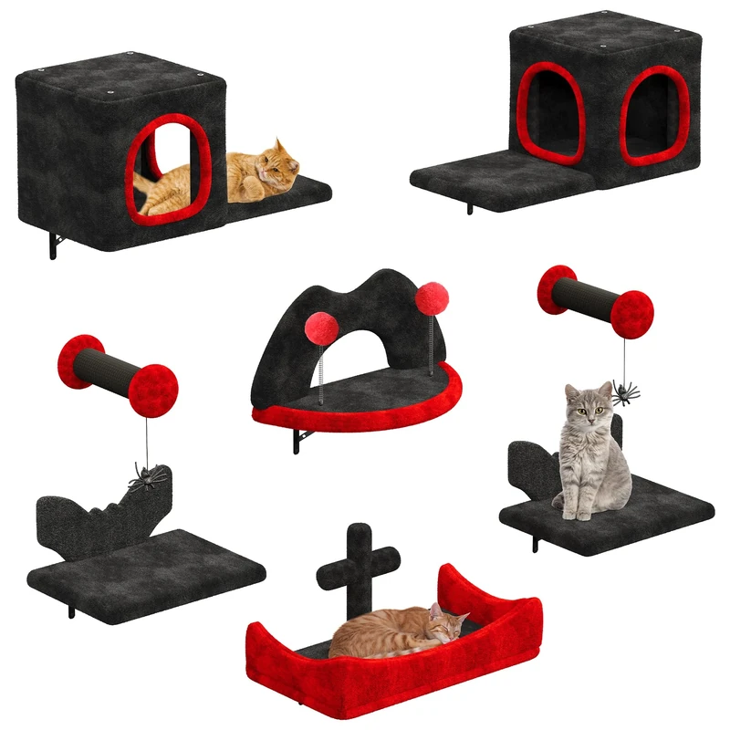 YITAHOME Halloween Gothic Cat Climbing Wall Set Made of Flannel, 8 Pcs Sturdy Cat Furniture with House, Bed, 2 Platforms, and Sisal Column with Spider for Cats Sleeping and Playing Lounging