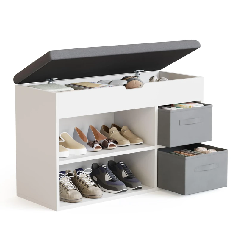 Mondeer Shoe Bench with Seat, Shoes Storage Rack Wooden with Non-woven Drawer and Hinged Flip Top Cushion for Living Room Hallway Cloakroom Entryway, 80 x 48 x 30 cm (White)