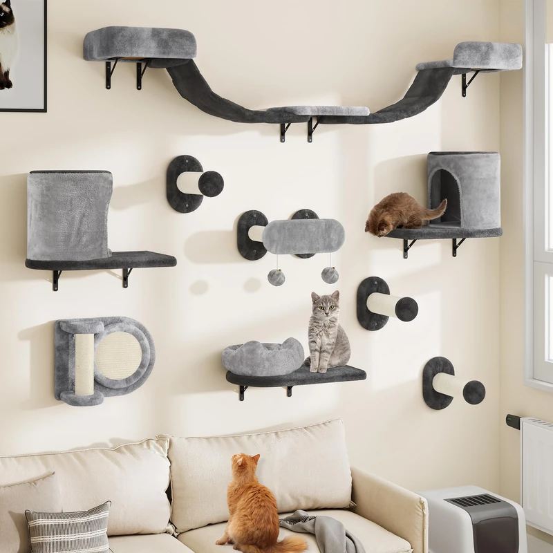 YITAHOME 11Pcs Sturdy Cat Climbing Wall Set Made of Flannel, Cat Furniture with House, Scratching Board, Suspension Bridge, Bed, and Sisal Column for Cats Sleeping, Playing, and Lounging