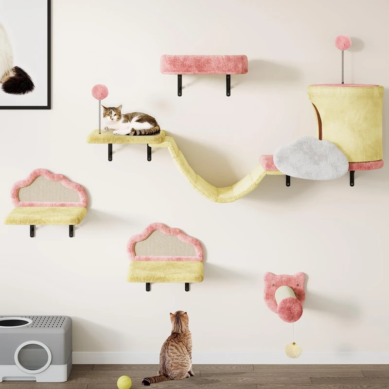 YITAHOME Cat Climbing Wall Set Made of Flannel, 6 Pcs Sturdy Cat Furniture with House, Bed, Hanging Bridge, Sisal Column for Cats Sleeping and Playing Lounging