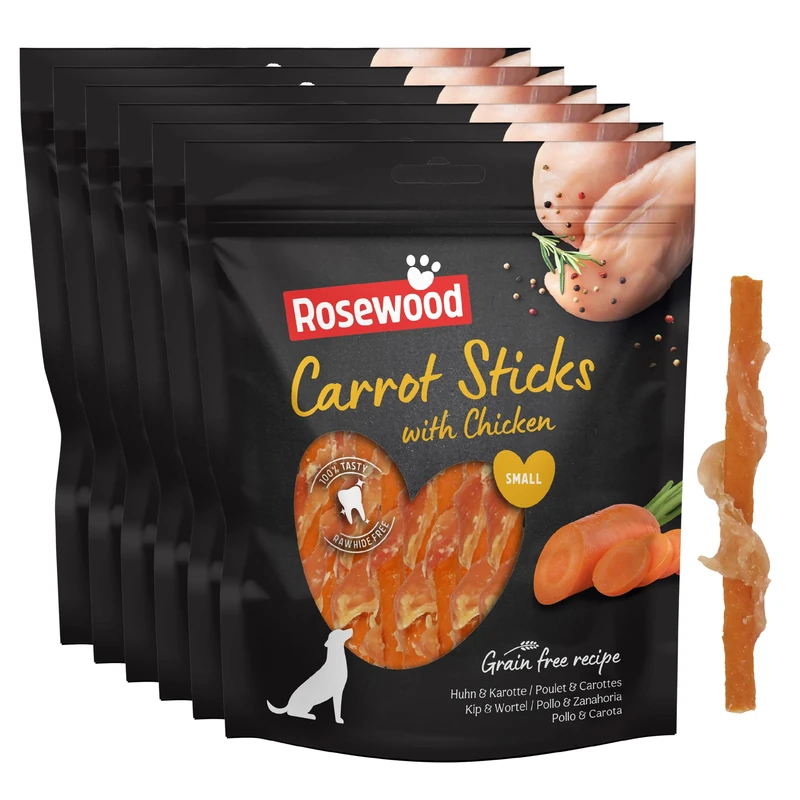 Rosewood Small Chicken and Carrot Sticks for Dogs – Real Meat Treats, Grain-Free, High Protein, Supports Dental Hygiene, No Added Sugar, No Artificial Colours or Flavours (Case of 6 x 320g)