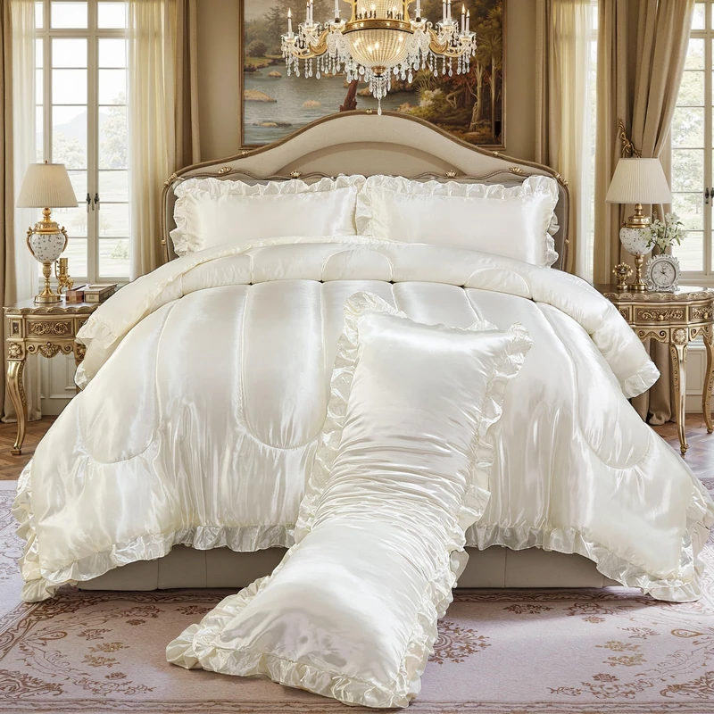 Satin Queen Comforter Silk Like Bedding 4 Pcs Hotel Soft Polyester White Bed Set Luxury Silky Body Pillow Cover Ruffle Home Decor