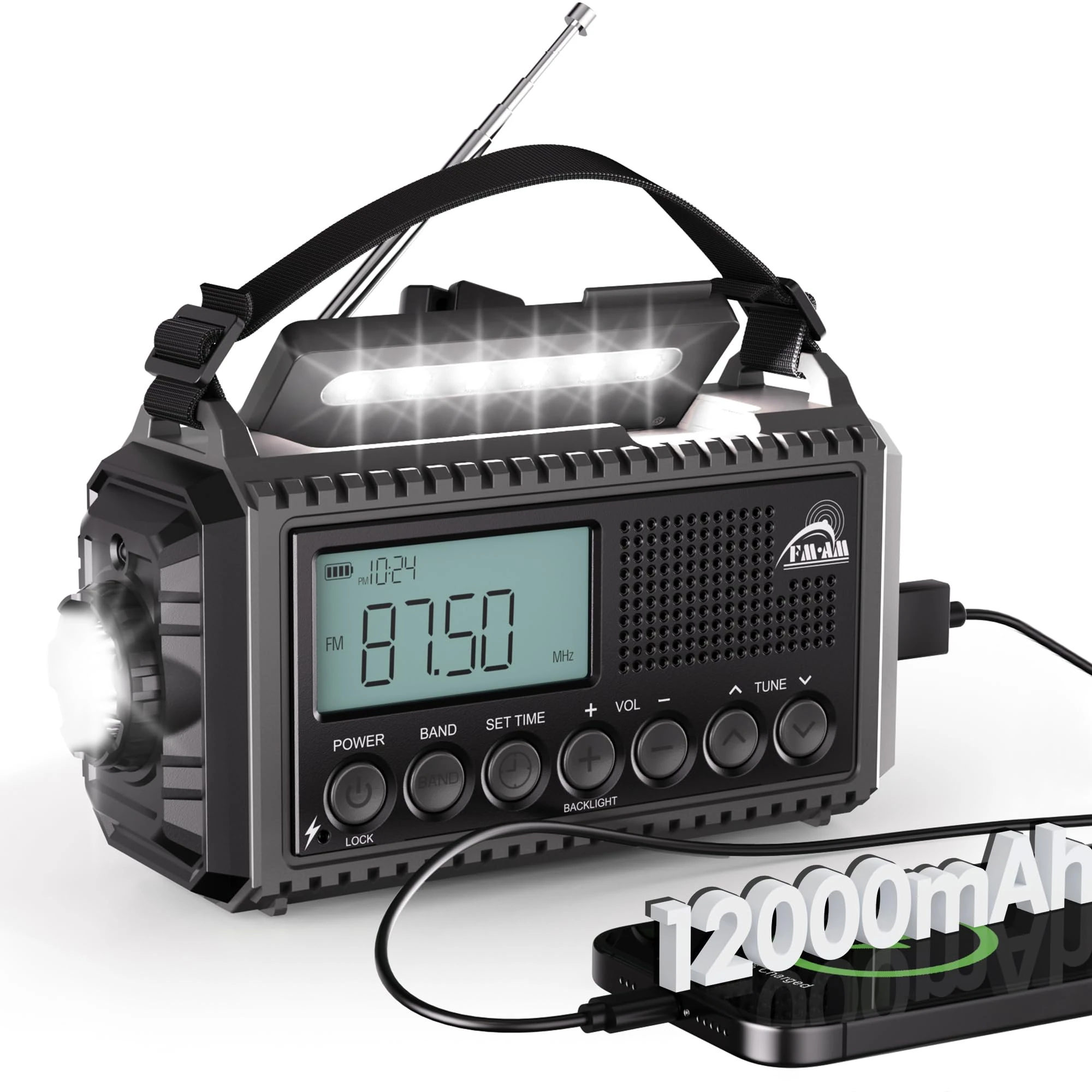 12000mAh Solar & Hand Crank Emergency Radio – Portable AM/FM Survival Radio with USB Phone Charger, SOS Alarm, Flashlight for Outdoor Adventures & Power Outages