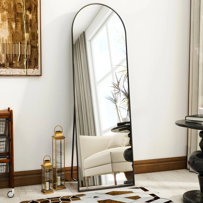 Koonmi Arched Full Length Mirror, Right Angle Design, Medium Size 150×40cm, Full Length Mirror with Stand, Made of Tempered Glass Suitable for Bedroom, Entryway, Living Room, Black
